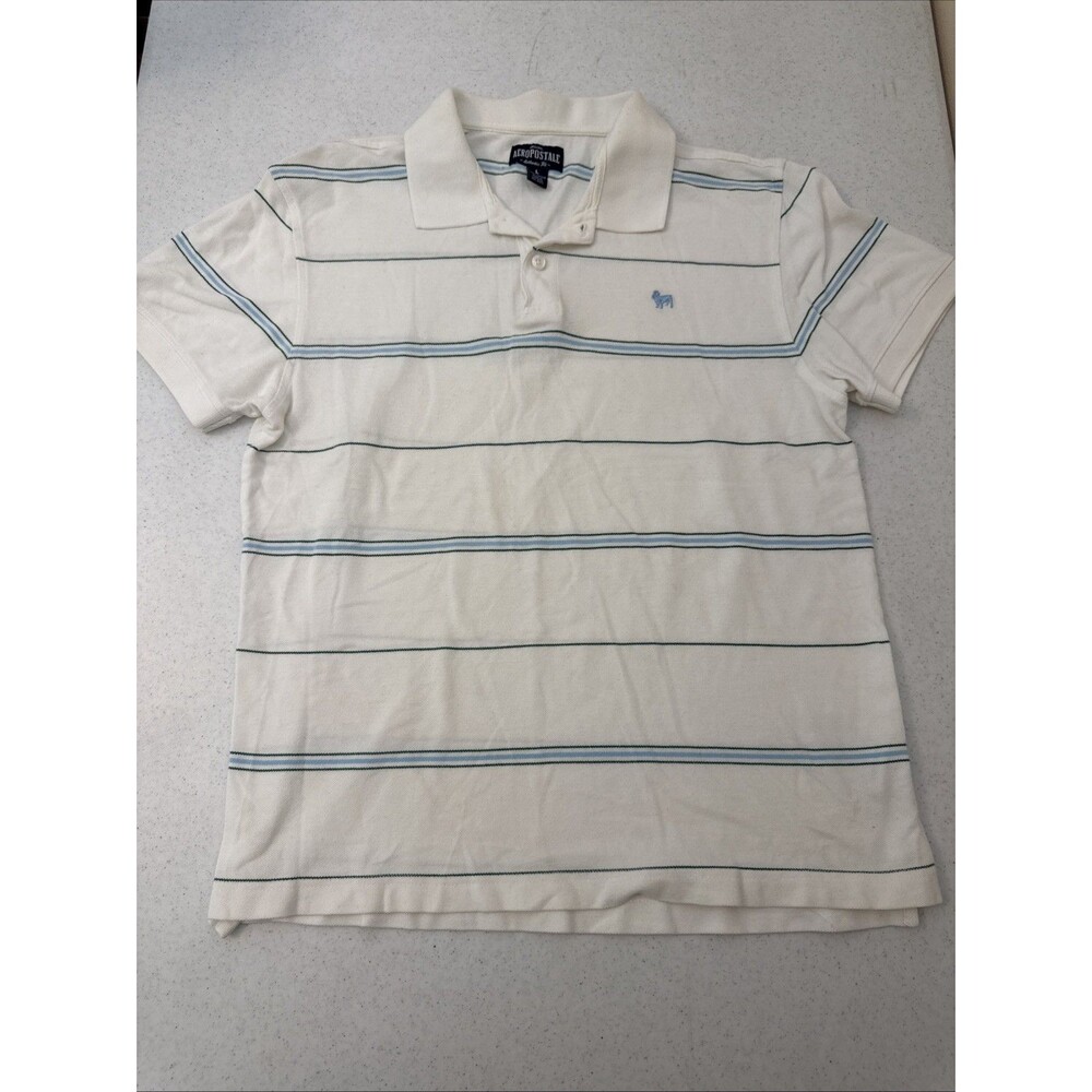 Aeropostale Mens L Large Striped Polo Shirt Collared Logo Short Sleeve Cotton
